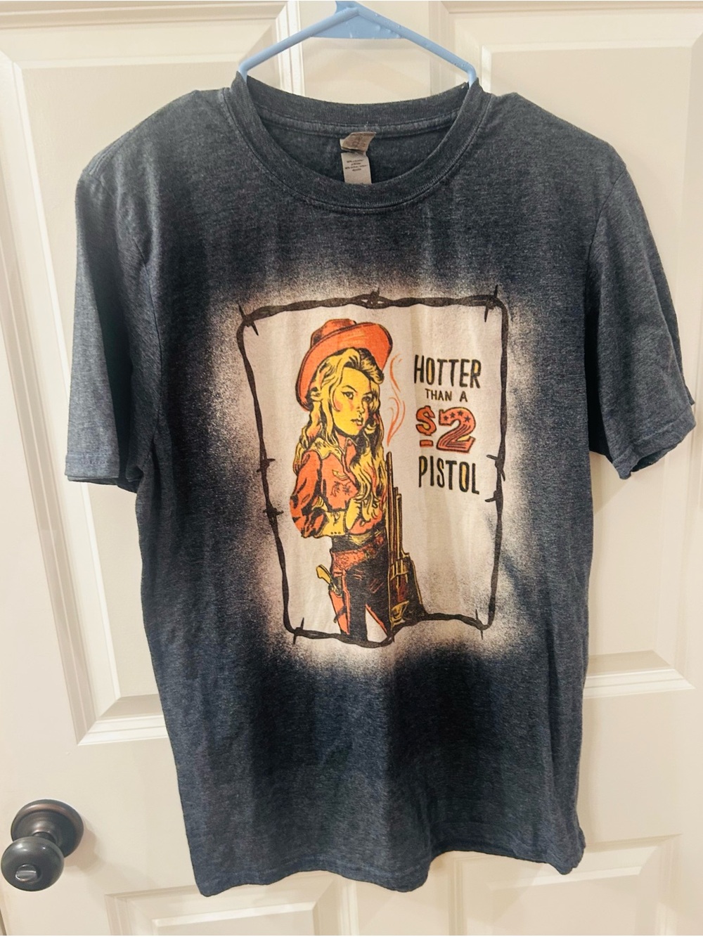 Women’s Gildan T-Shirt wi/ “Hotter than a $2 Pistol”  Western Cowgirl Art-Medium